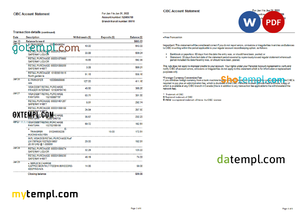 Usa Cibc Bank Statement Word And Pdf Template 4 Pages Oxtempl We Make Templates 5911