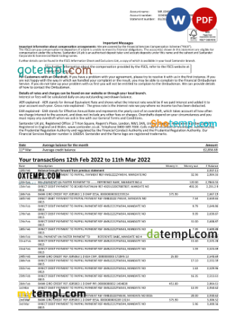 United Kingdom Santander Bank Statement Word And Pdf Template 3 Pages Oxtempl We Make Templates 6948