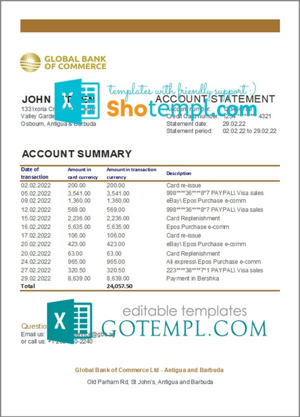 Antigua and Barbuda Global Bank of Commerce bank statement template in Word and PDF format