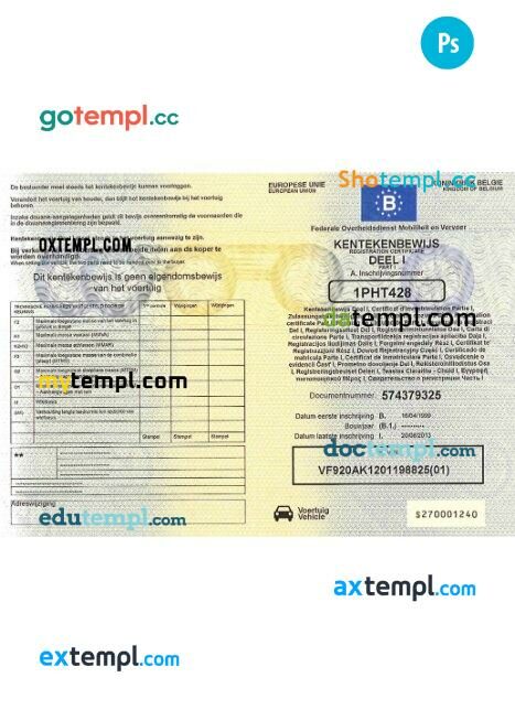 Belgium Vehicle Registration Certificate In PSD Format Version 2 Oxtempl
