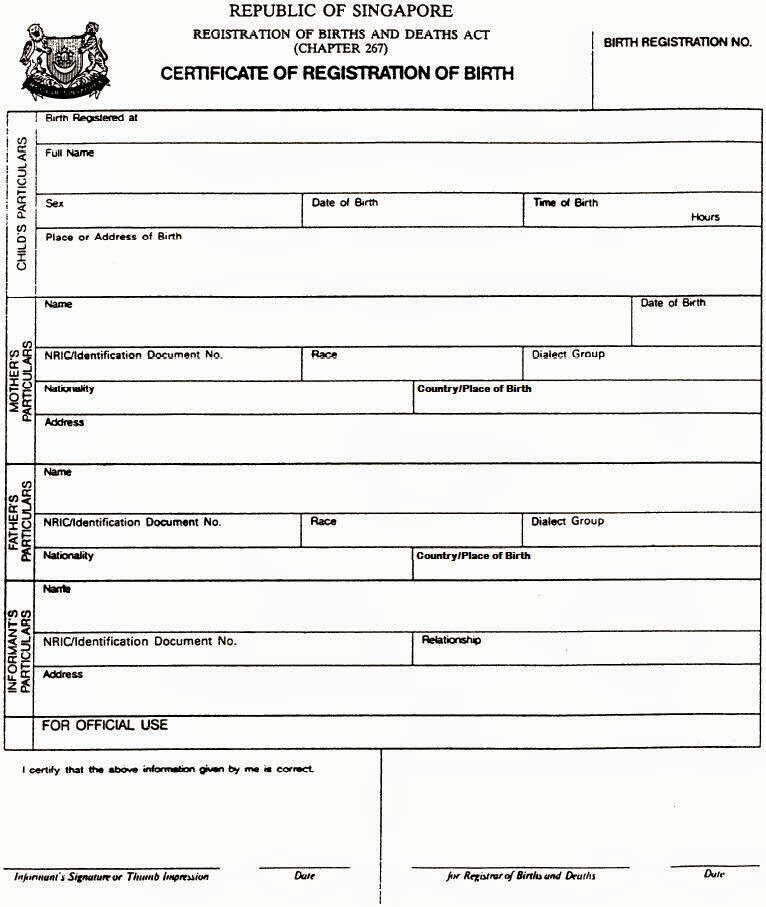 Singapore Registration of births and deaths certificate of birth template in PSD format