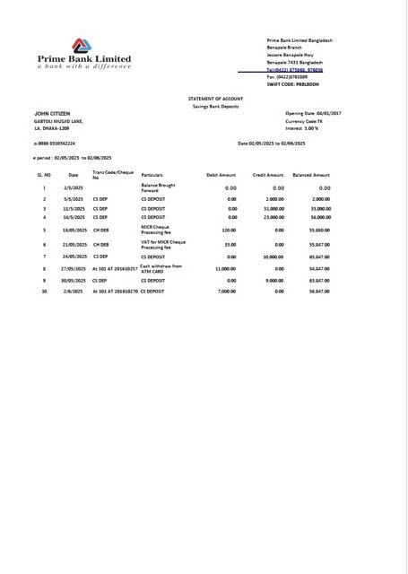 Bangladesh Prime Bank Limited statement of account Word and PDF template, version 2