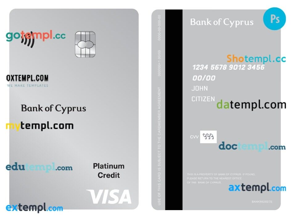 Cyprus Bank of Cyprus visa platinum credit vertical card template in PSD format