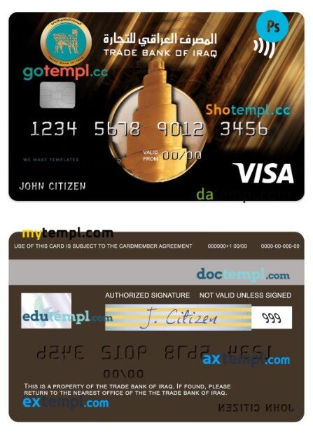 Iraq Trade Bank of Iraq visa gold card template in PSD format