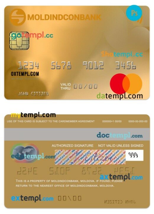 Moldova MoldindconBank gold credit mastercard template in PSD format