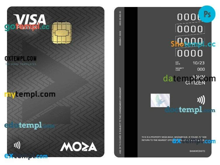 Mozambique Moza Bank visa platinum credit vertical card template in PSD format
