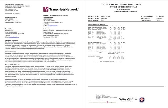 California State University Fresno official academic transcript Word and PDF template, 2 pages