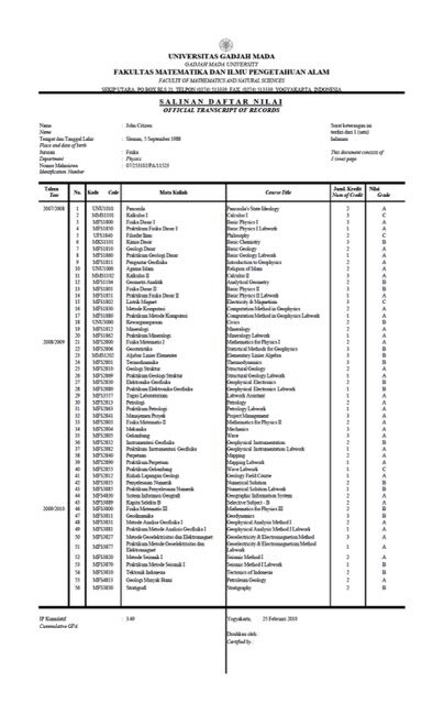 Gadjah Mada University official transcript of records Word and PDF template