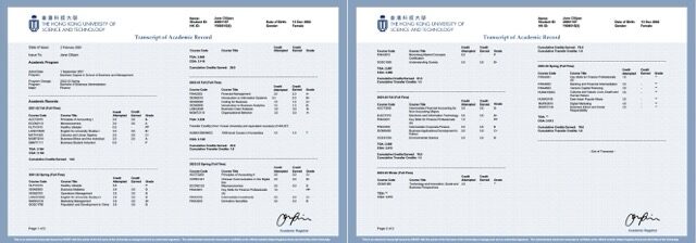 Hong Kong University of Science and Technology transcript of academic record Word and PDF template, 2 pages