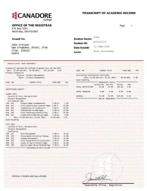 India Canadore College transcript of academic record Word and PDF template