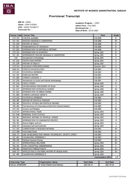 Institute of Business Administration, Karachi provisional transcript Word and PDF template
