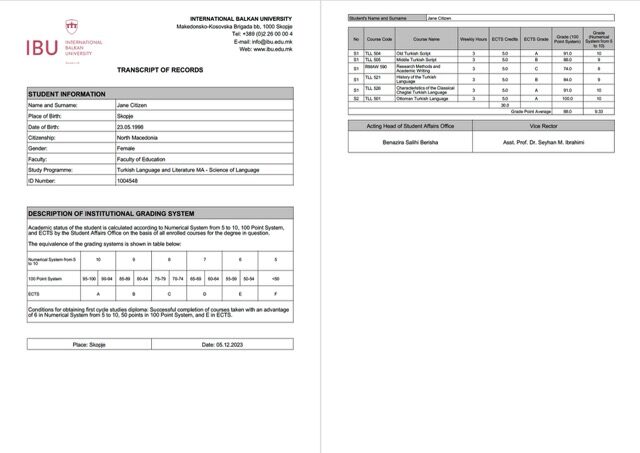 International Balkan University transcript of records Word and PDF template, 2 pages