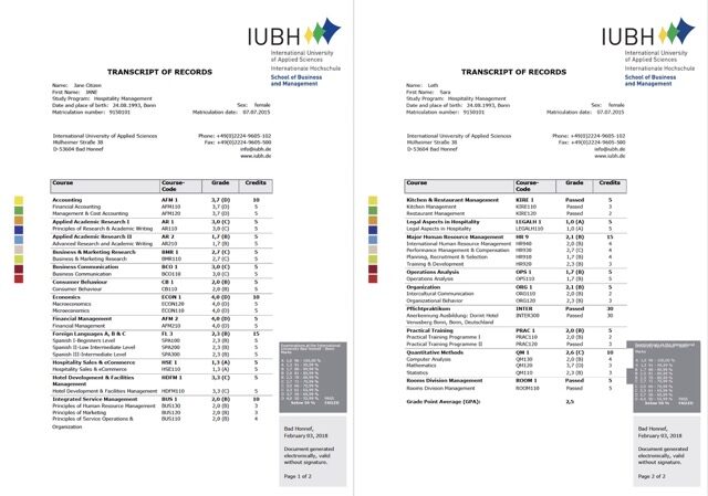 International University of Applied Sciences transcript of records Word and PDF template, 2 pages