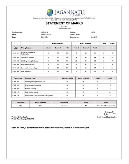 Jagannath University statement of marks Word and PDF template