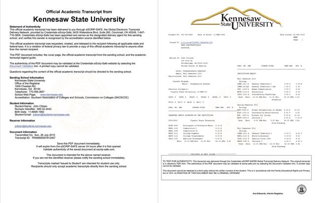 Kennesaw State University official academic transcript Word and PDF template, 2 pages