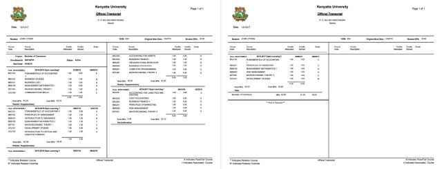 Kenyatta University official transcript Word and PDF template, 2 pages