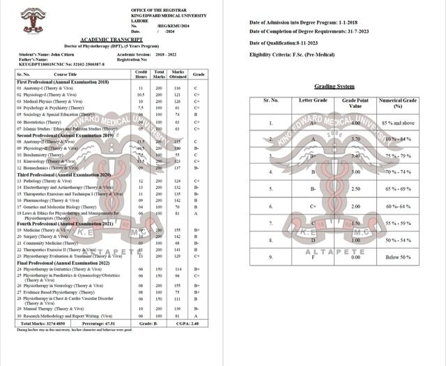 King Edward Medical University, Lahore academic transcript Word and PDF template, 2 pages