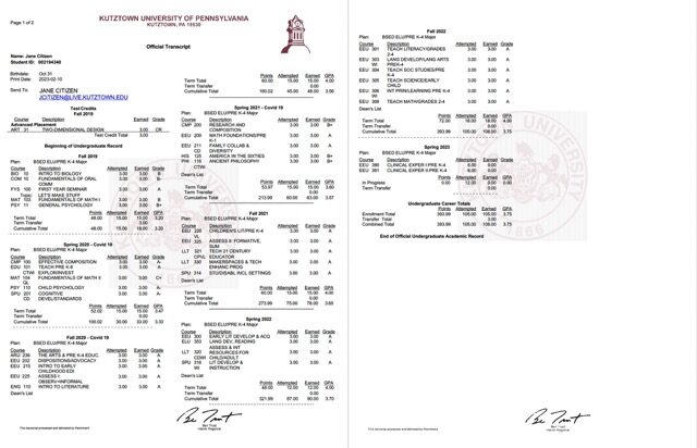 Kutztown University of Pennsylvania official transcript Word and PDF template, 2 pages