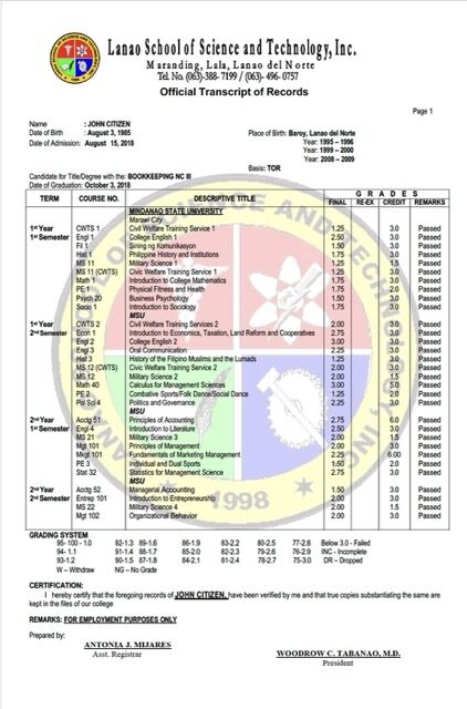 Lanao School of Science and Technology, Inc. official transcript of records Word and PDF template