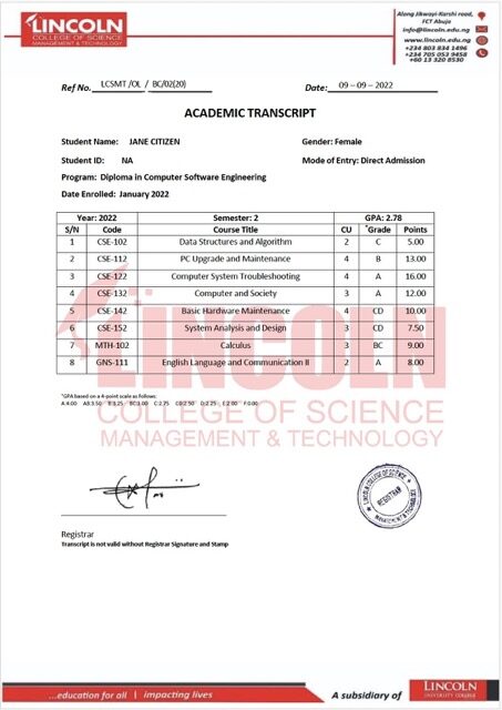 Lincoln college of science management and technology academic transcript Word and PDF template