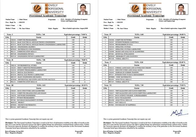 Lovely Professional University provisional academic transcript Word and PDF template, 2 pages