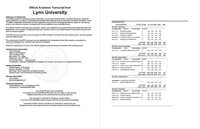 Lynn University official academic transcript Word and PDF template, 2 pages