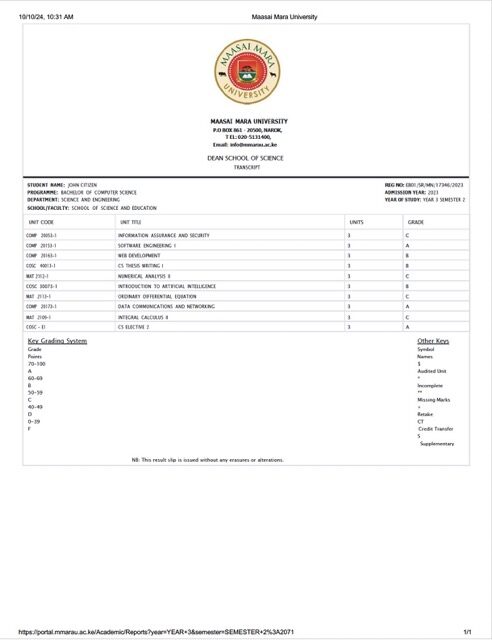 Maasai Mara University transcript Word and PDF template