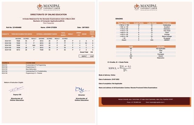Manipal University Jaipur e-grade statement Word and PDF template, 2 pages