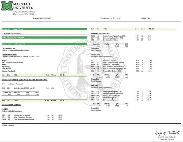 Marshall University official transcript Word and PDF template