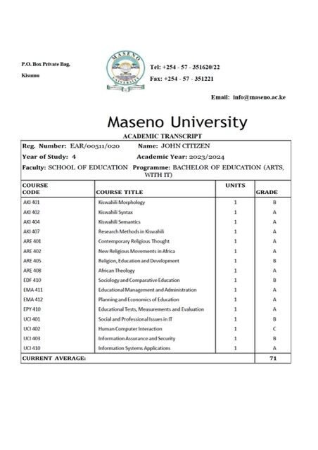 Maseno University academic transcript Word and PDF template