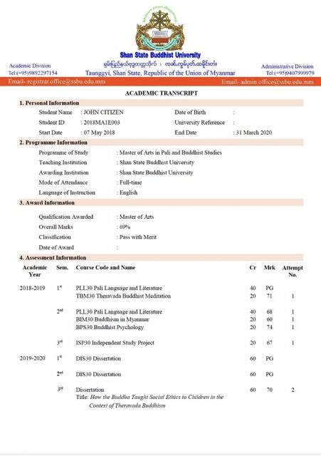 Myanmar Shan State Buddhist University academic transcript Word and PDF template