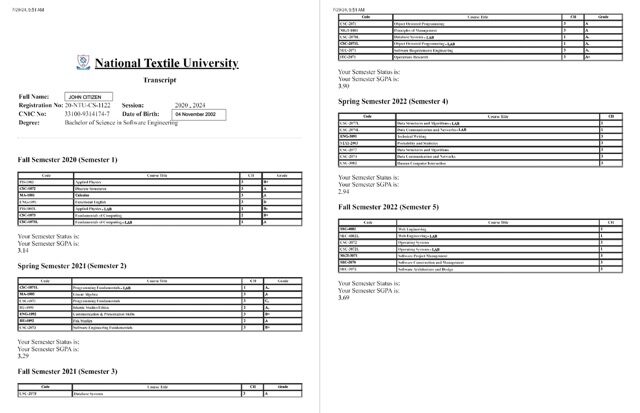 National Textile University transcript Word and PDF template, 2 pages