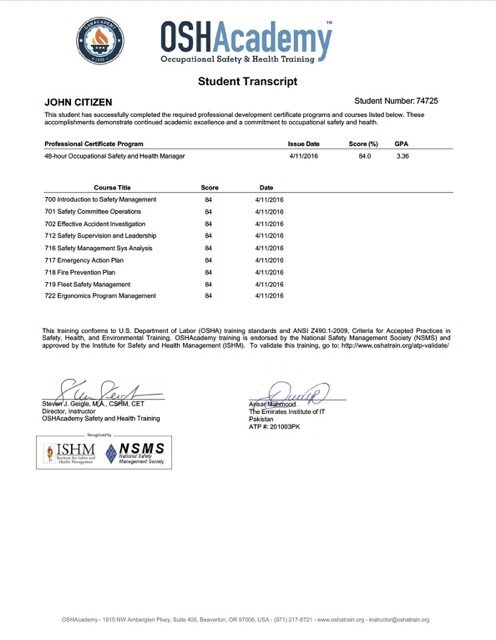 OSHAcademy student transcript Word and PDF template