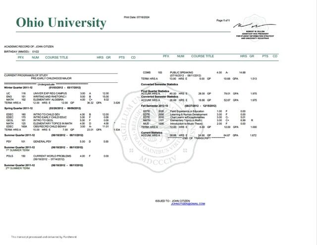 Ohio University academic record Word and PDF template