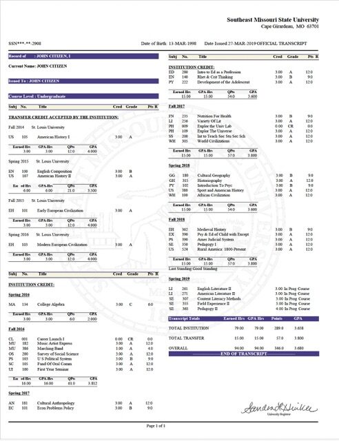 Southeast Missouri State University official trasnscript Word and PDF template