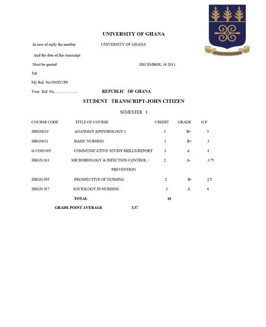 University of Ghana student transcript Word and PDF template