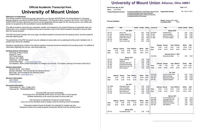 University of Mount Union official academic record Word and PDF template, 2 pages