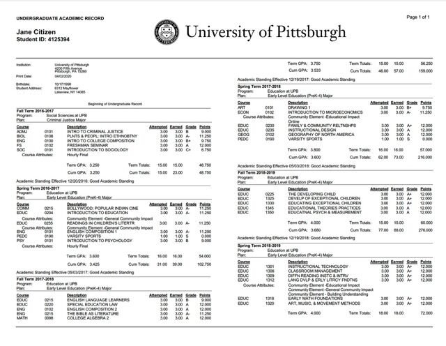 University of Pittsburgh undergraduate academic record Word and PDF template