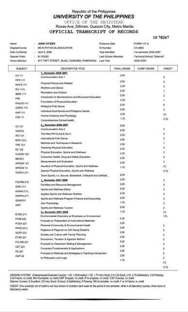 University of the Philippines official transcript of records Word and PDF template