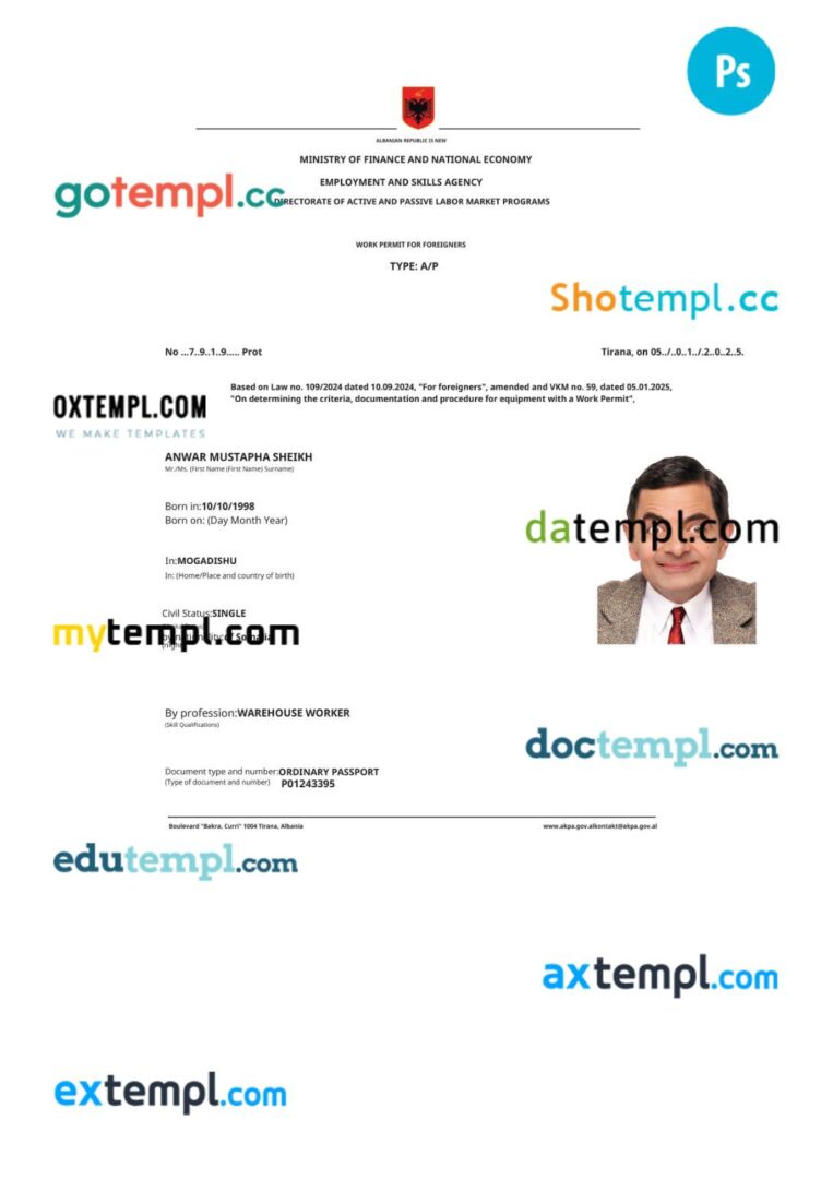 Albania work permit template in PSD format