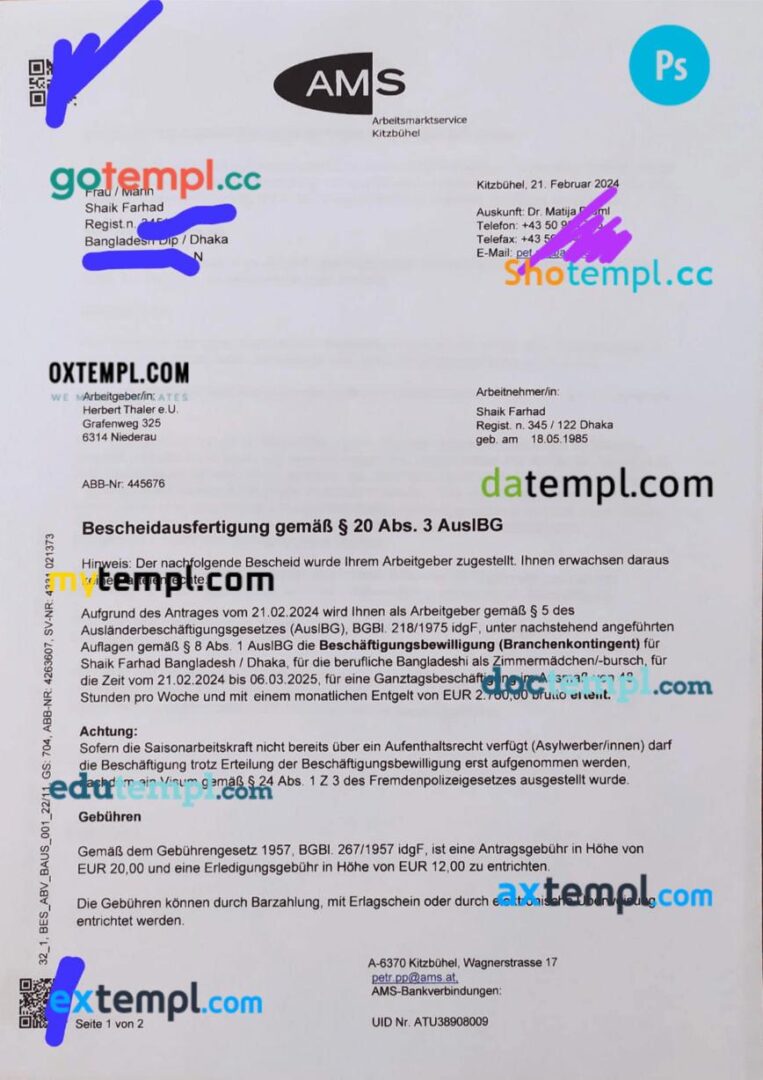 Austria work visa permit template in PSD format