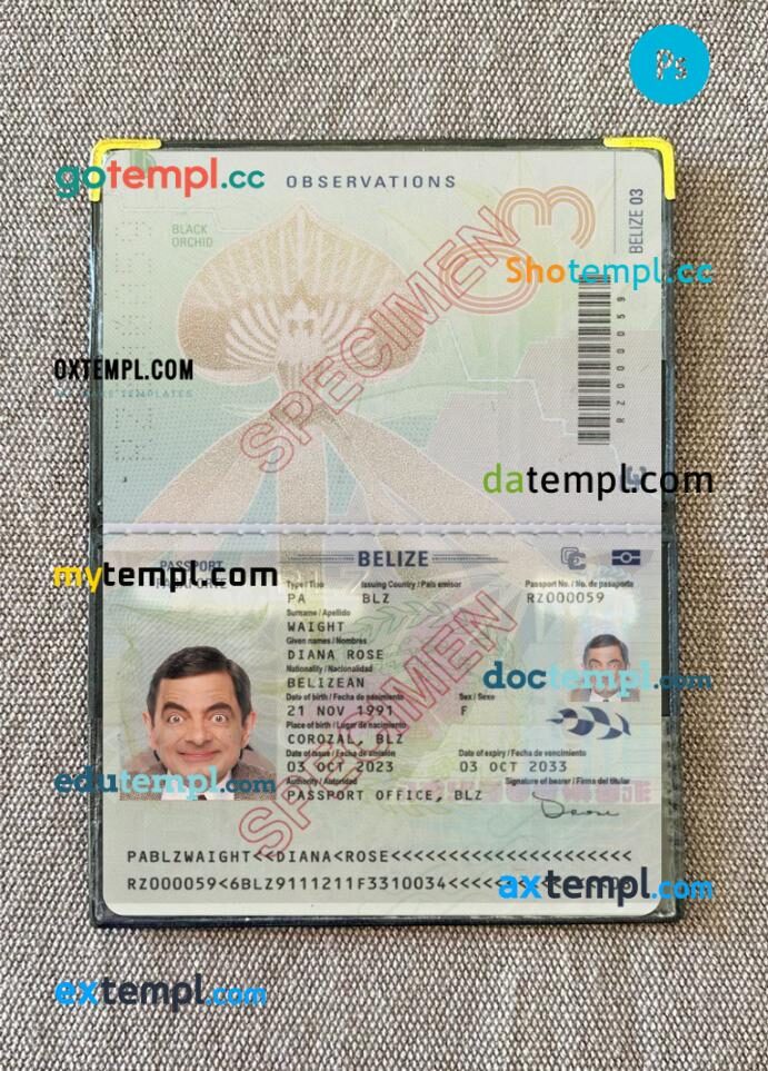 Belize passport PSD files with address page, scan and photo-realistic look, 2023-present