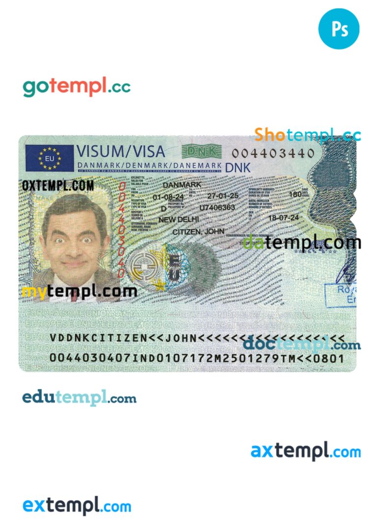 Denmark travel visa template in PSD format, 2024-present
