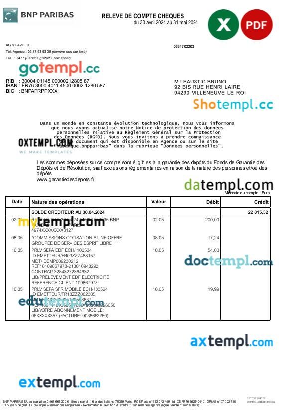 France BNP Paribas bank statement template in Excel and PDF formats