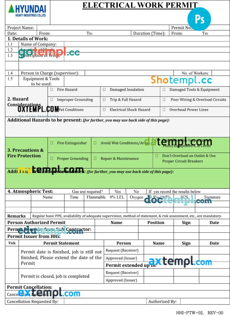 Hyundai heavy industries electrical work permit template in PSD format