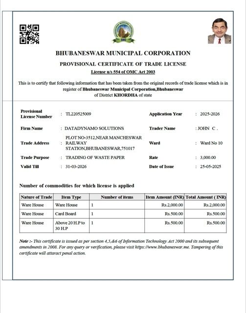 India Bhubaneswar provisional certificate of trade license Word and PDF template