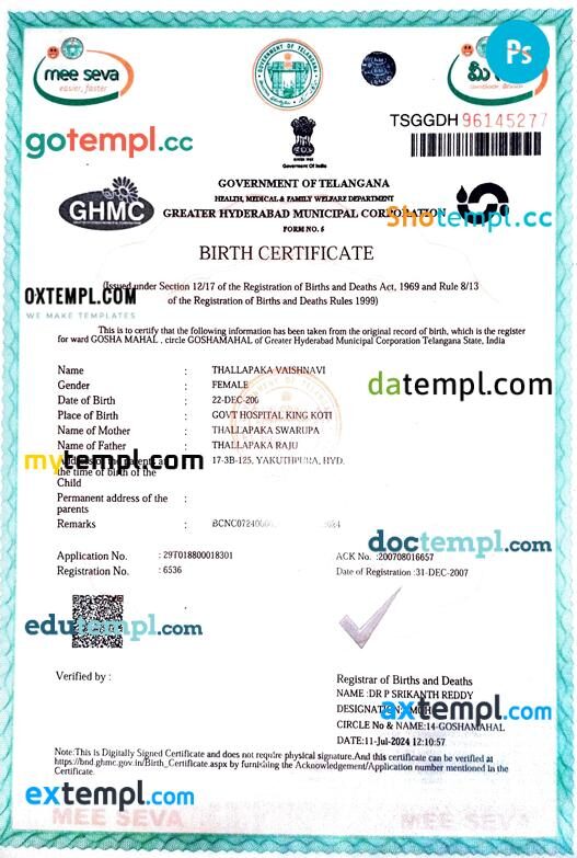 India Government of Telangana birth certificate in PSD format