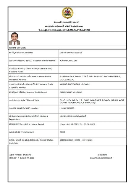 India Karnataka trade license Word and PDF template, version 2