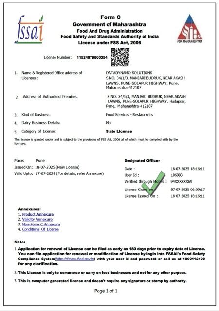 India Maharashtra FSSAI state license Word and PDF template