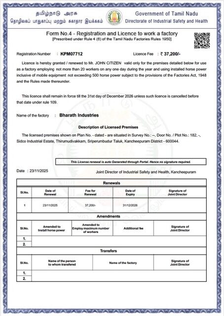 India Tamil Nadu license to work a factory Word and PDF template